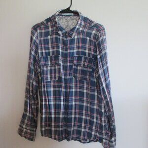 Maurices Navy and Pink Plaid Button-Down Shirt